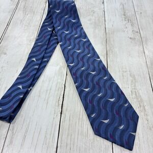 GEORGE Men's Blue Silk Tie Wavy Geometric Pattern Handmade Business Casual